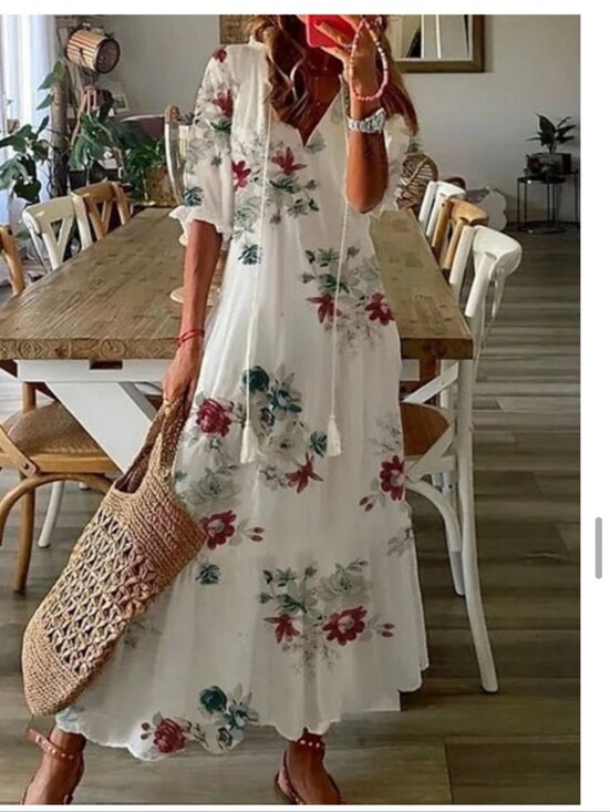 Dresses & Skirts - White Floral V-Neck Maxi Dress with Tassel Tie